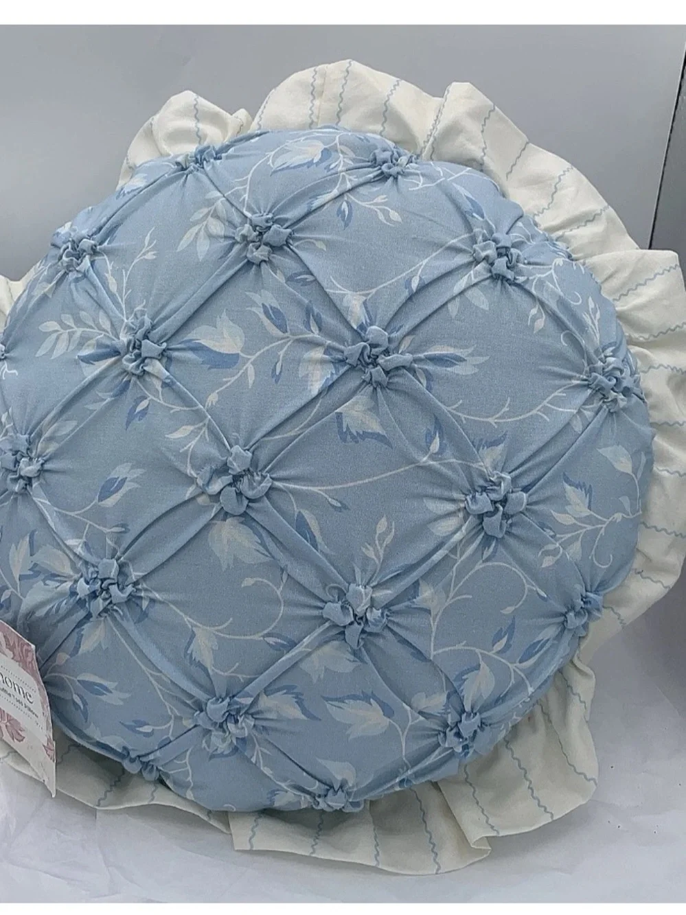 NWT Teen Home Blue Floral Tufted Ruffled Round French Country Pillow 15